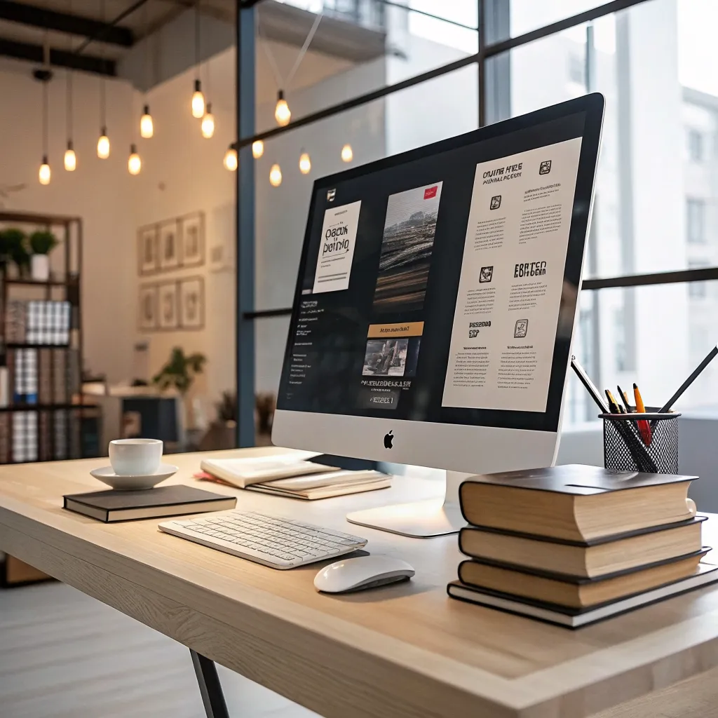 Professional copywriting workspace with bold typography layouts